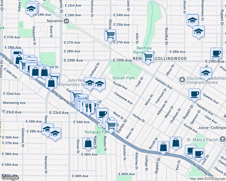 map of restaurants, bars, coffee shops, grocery stores, and more near 4756 Duchess Street in Vancouver