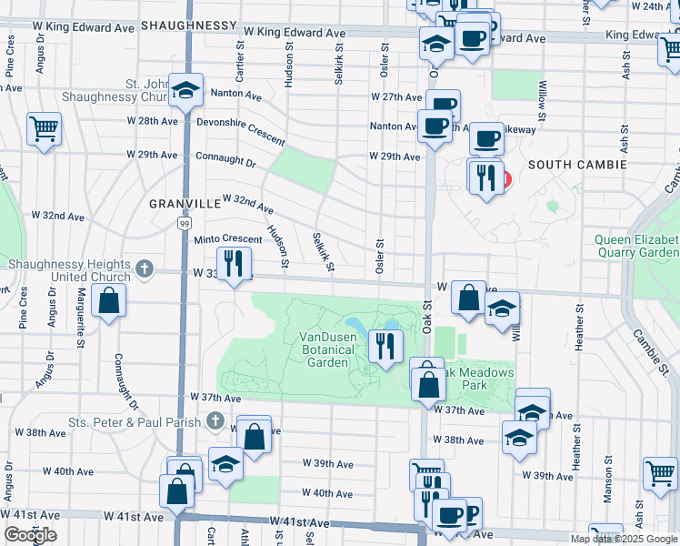 map of restaurants, bars, coffee shops, grocery stores, and more near 1179 West 33rd Avenue in Vancouver