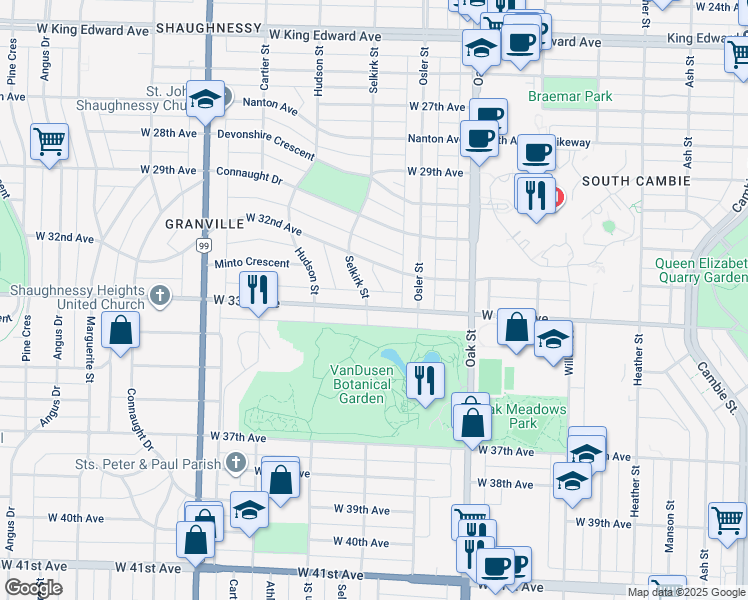 map of restaurants, bars, coffee shops, grocery stores, and more near 1183 West 33rd Avenue in Vancouver