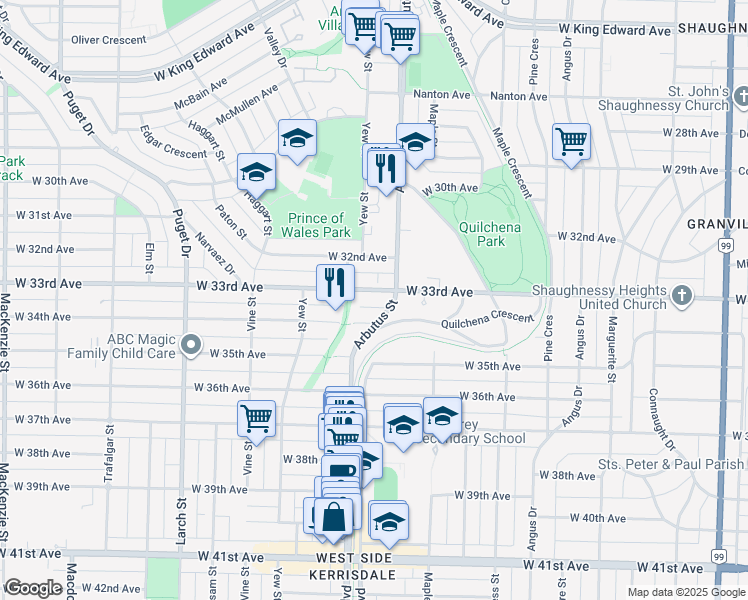 map of restaurants, bars, coffee shops, grocery stores, and more near in Vancouver