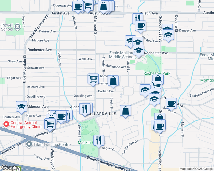 map of restaurants, bars, coffee shops, grocery stores, and more near 1120 Hachey Avenue in Coquitlam