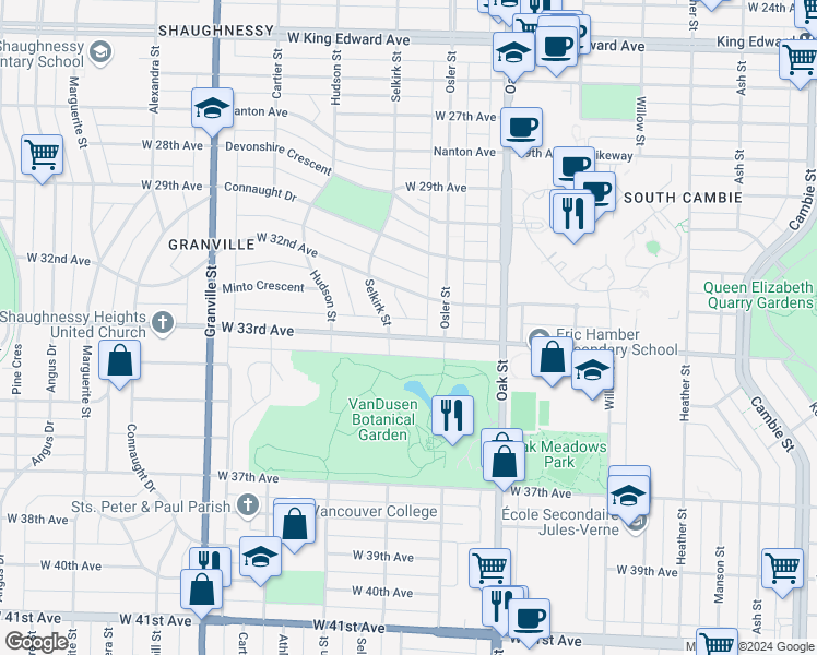 map of restaurants, bars, coffee shops, grocery stores, and more near 1157 West 33rd Avenue in Vancouver