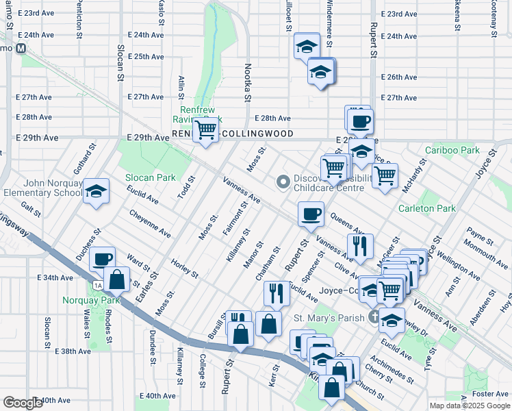 map of restaurants, bars, coffee shops, grocery stores, and more near 3090 Vanness Avenue in Vancouver