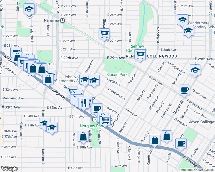 map of restaurants, bars, coffee shops, grocery stores, and more near 4742 Duchess Street in Vancouver
