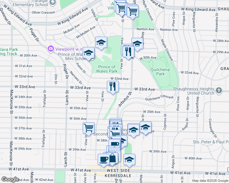map of restaurants, bars, coffee shops, grocery stores, and more near 2154 West 33rd Avenue in Vancouver