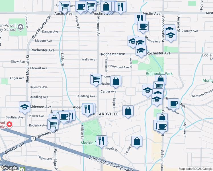map of restaurants, bars, coffee shops, grocery stores, and more near 1114 Hachey Avenue in Coquitlam