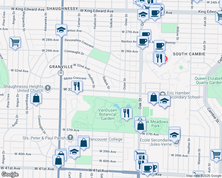 map of restaurants, bars, coffee shops, grocery stores, and more near 4888 Selkirk Street in Vancouver