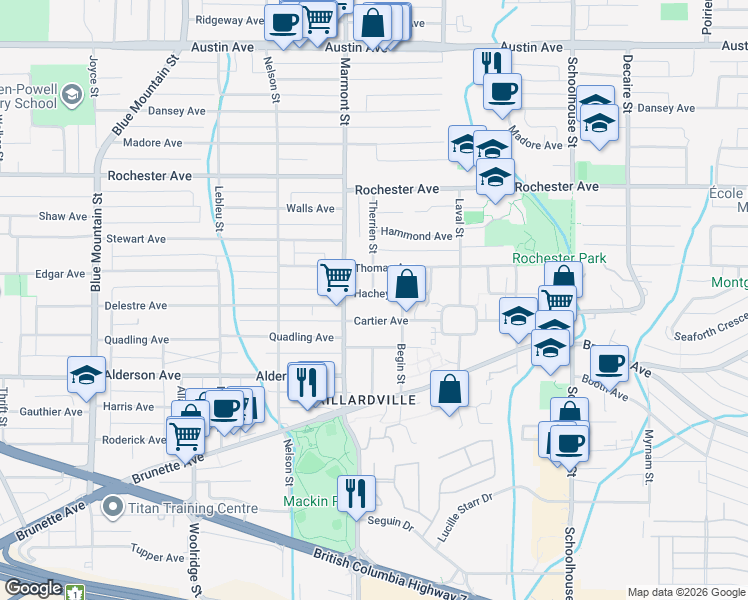 map of restaurants, bars, coffee shops, grocery stores, and more near 1114 Hachey Avenue in Coquitlam