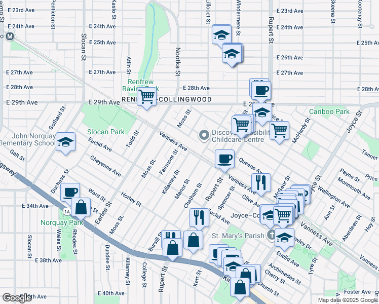 map of restaurants, bars, coffee shops, grocery stores, and more near 4075 Killarney Street in Vancouver
