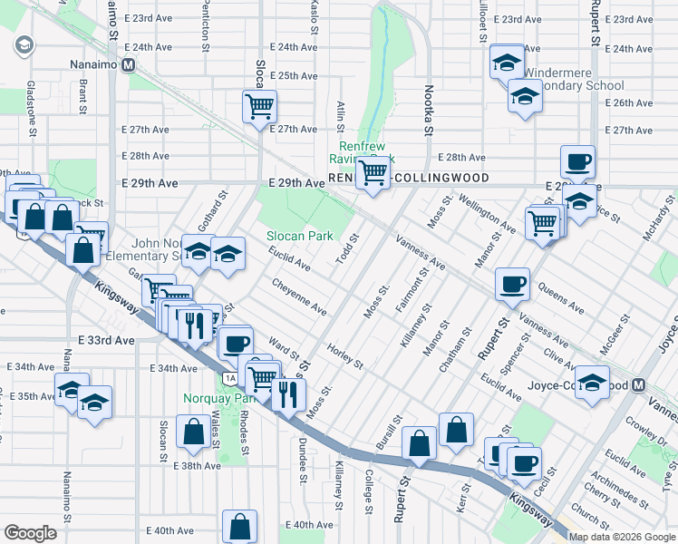 map of restaurants, bars, coffee shops, grocery stores, and more near 4670 Todd Street in Vancouver