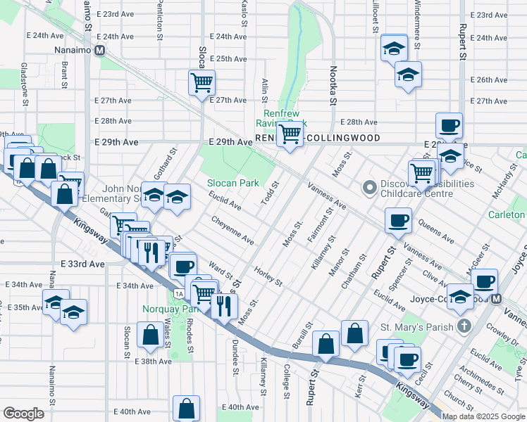 map of restaurants, bars, coffee shops, grocery stores, and more near 4670 Todd Street in Vancouver