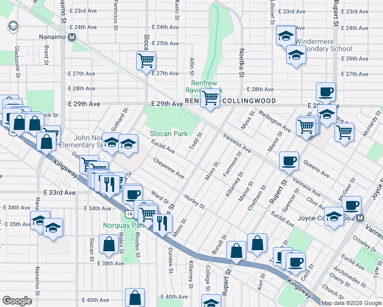 map of restaurants, bars, coffee shops, grocery stores, and more near 4670 Todd Street in Vancouver