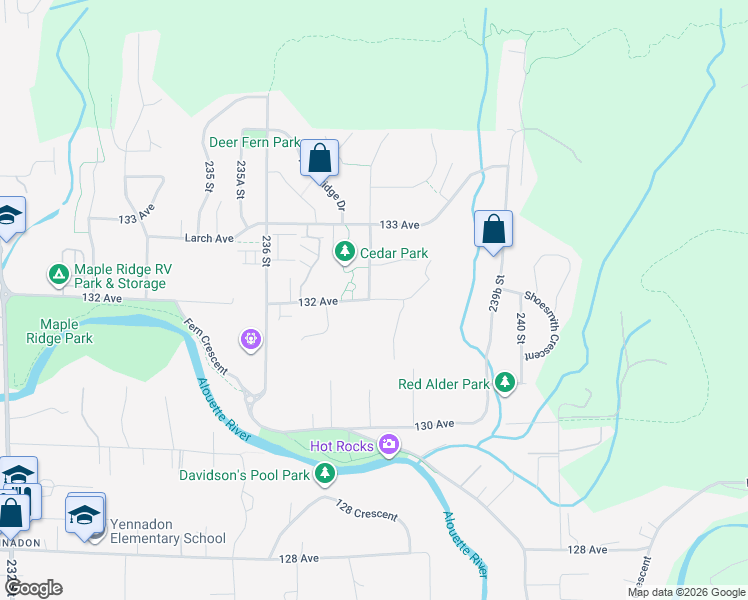 map of restaurants, bars, coffee shops, grocery stores, and more near 23738 132 Avenue in Maple Ridge