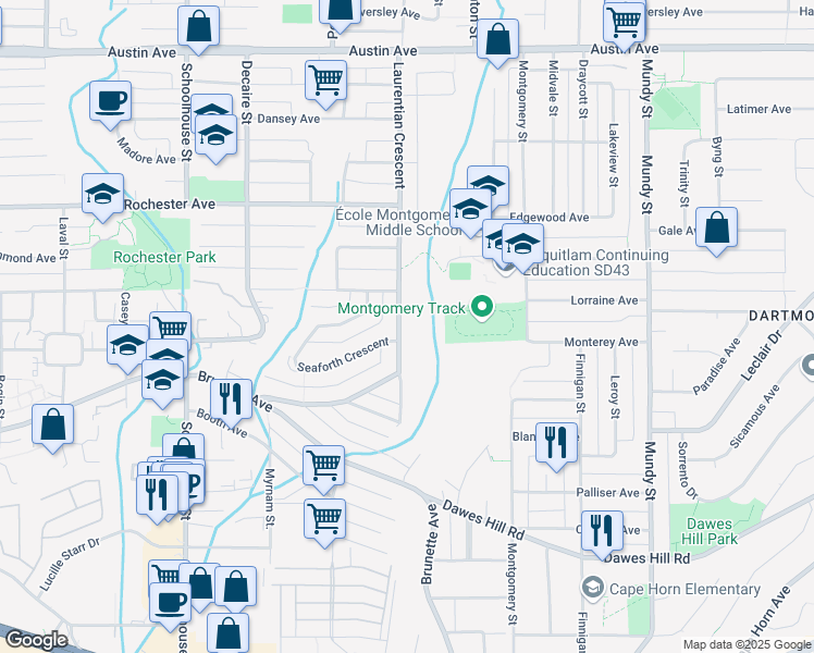 map of restaurants, bars, coffee shops, grocery stores, and more near 353 Laurentian Crescent in Coquitlam