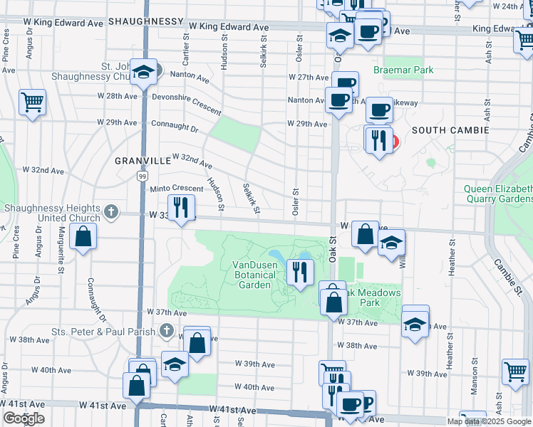 map of restaurants, bars, coffee shops, grocery stores, and more near 1181 West 33rd Avenue in Vancouver