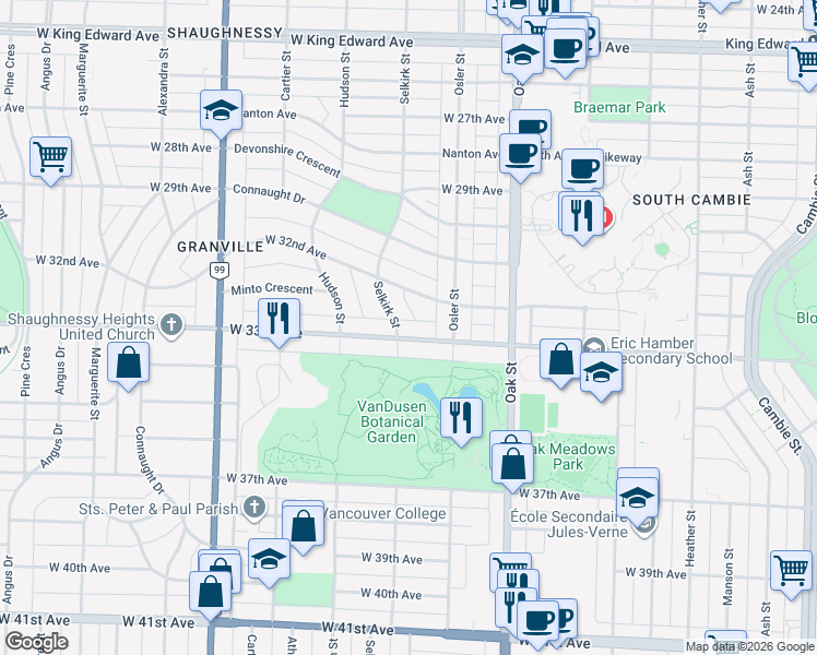 map of restaurants, bars, coffee shops, grocery stores, and more near 1183 West 33rd Avenue in Vancouver