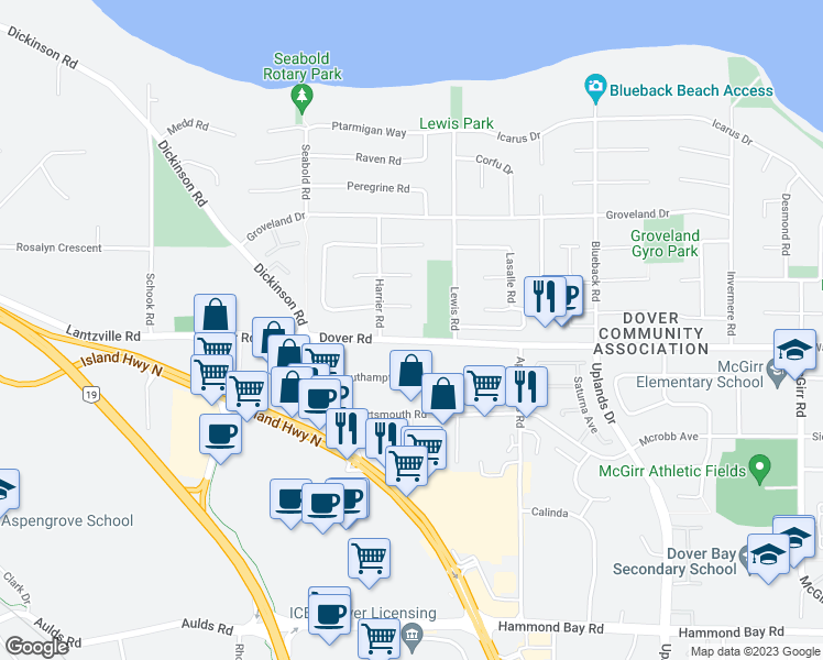 map of restaurants, bars, coffee shops, grocery stores, and more near 6530 Dover Road in Nanaimo