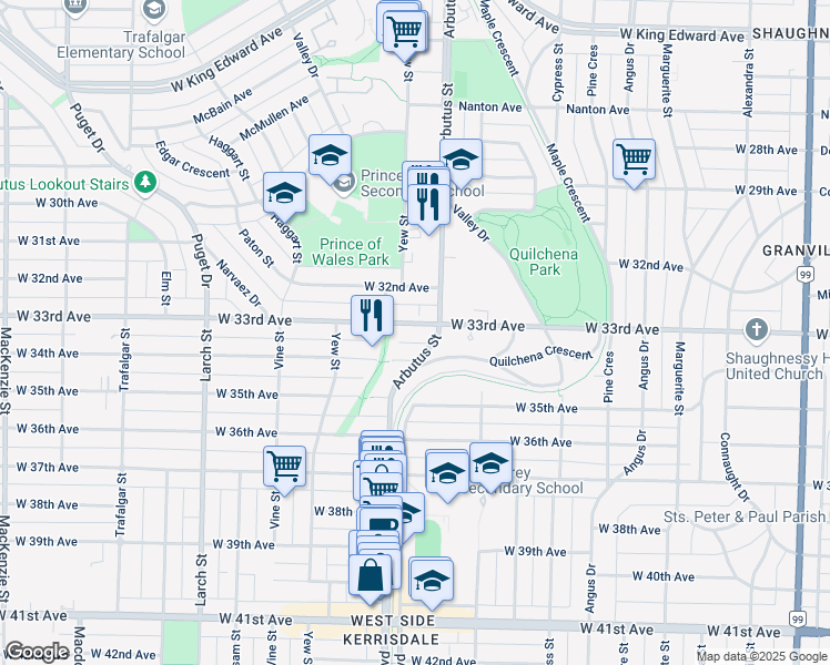 map of restaurants, bars, coffee shops, grocery stores, and more near 2122 West 33rd Avenue in Vancouver