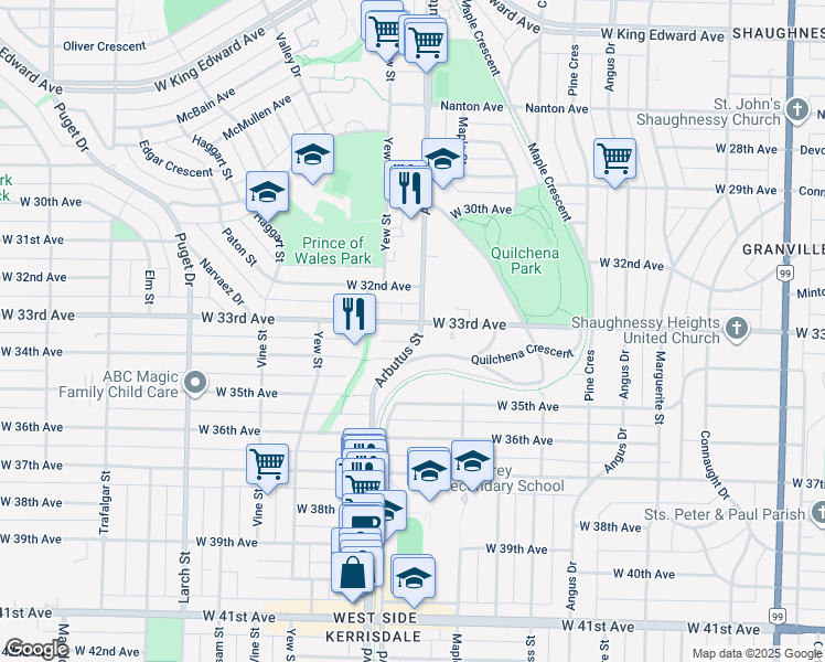 map of restaurants, bars, coffee shops, grocery stores, and more near 2106 West 33rd Avenue in Vancouver