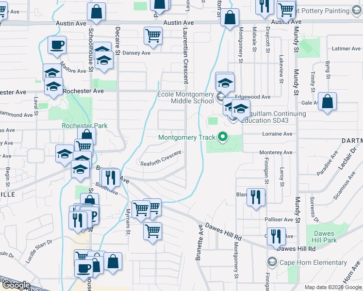 map of restaurants, bars, coffee shops, grocery stores, and more near 348 Laurentian Crescent in Coquitlam