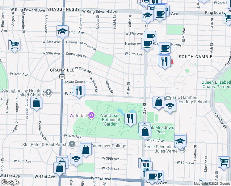 map of restaurants, bars, coffee shops, grocery stores, and more near 4888 Selkirk Street in Vancouver