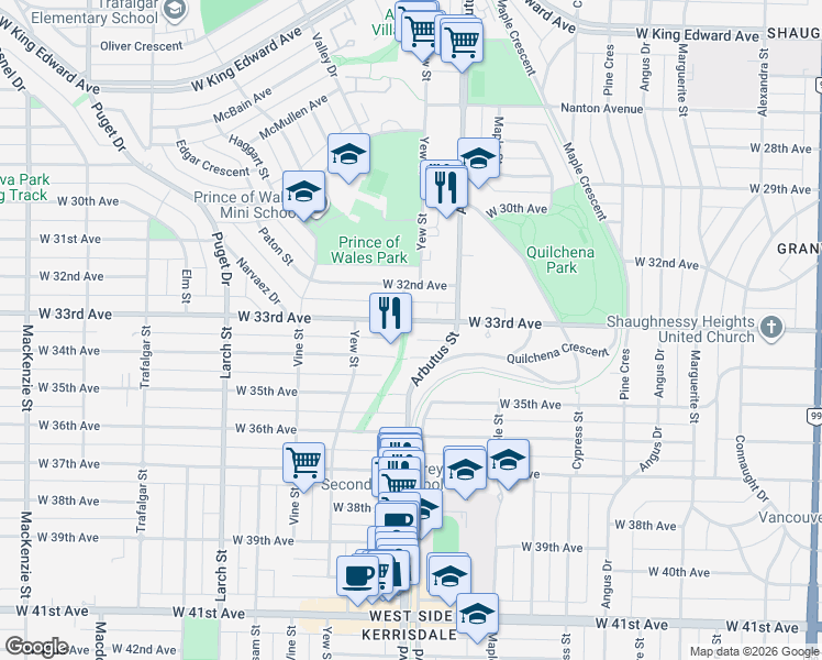 map of restaurants, bars, coffee shops, grocery stores, and more near in Vancouver