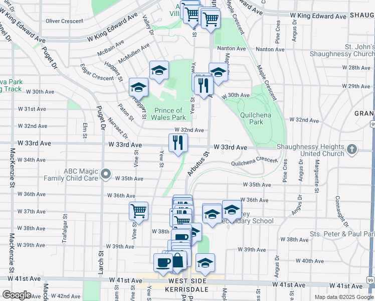 map of restaurants, bars, coffee shops, grocery stores, and more near 2146 West 33rd Avenue in Vancouver