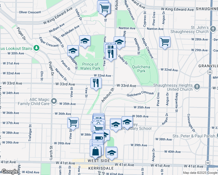 map of restaurants, bars, coffee shops, grocery stores, and more near 2118 West 33rd Avenue in Vancouver