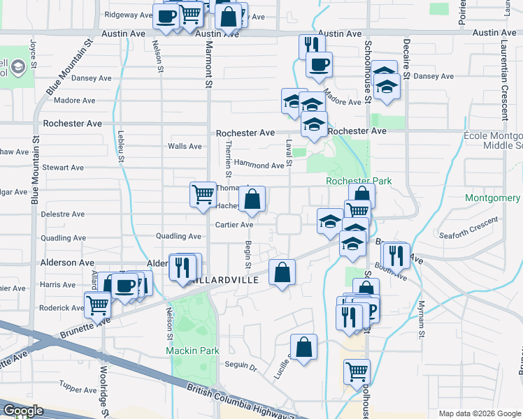 map of restaurants, bars, coffee shops, grocery stores, and more near 1130 Hachey Avenue in Coquitlam