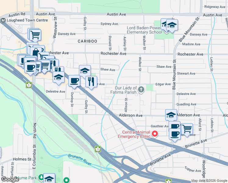 map of restaurants, bars, coffee shops, grocery stores, and more near 705 Delestre Avenue in Coquitlam