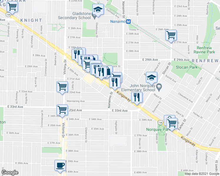 map of restaurants, bars, coffee shops, grocery stores, and more near 2288 British Columbia 1A in Vancouver