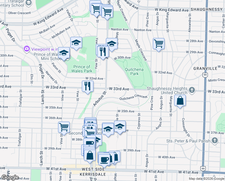 map of restaurants, bars, coffee shops, grocery stores, and more near 2080 West 33rd Avenue in Vancouver