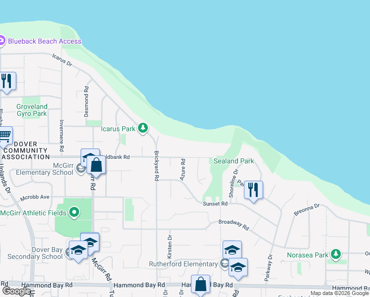 map of restaurants, bars, coffee shops, grocery stores, and more near 5936 Waldbank Road in Nanaimo