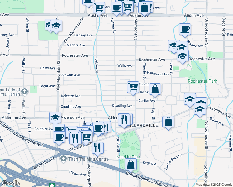map of restaurants, bars, coffee shops, grocery stores, and more near 311 Nelson Street in Coquitlam