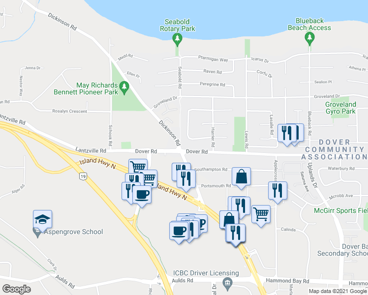 map of restaurants, bars, coffee shops, grocery stores, and more near 6692 Dover Road in Nanaimo