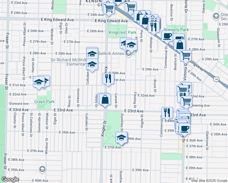 map of restaurants, bars, coffee shops, grocery stores, and more near 4783 Lanark Street in Vancouver