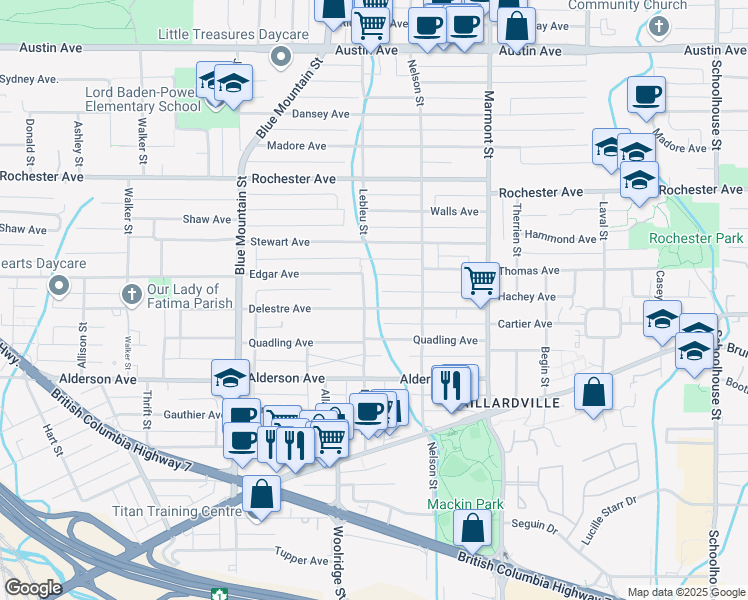 map of restaurants, bars, coffee shops, grocery stores, and more near 1005 Delestre Avenue in Coquitlam