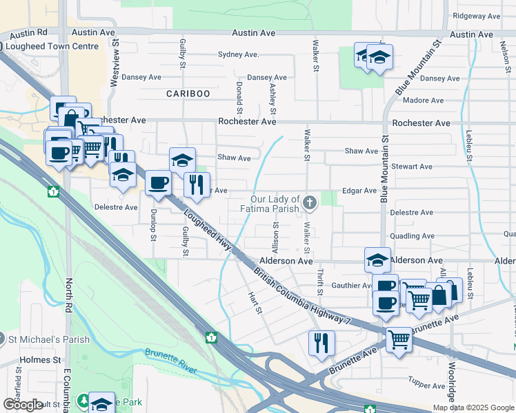 map of restaurants, bars, coffee shops, grocery stores, and more near 705 Delestre Avenue in Coquitlam