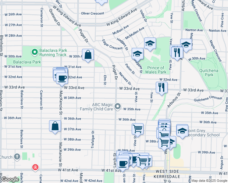 map of restaurants, bars, coffee shops, grocery stores, and more near 4921 Larch Street in Vancouver