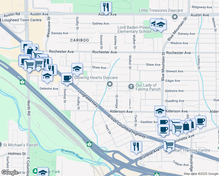 map of restaurants, bars, coffee shops, grocery stores, and more near 705 Delestre Avenue in Coquitlam