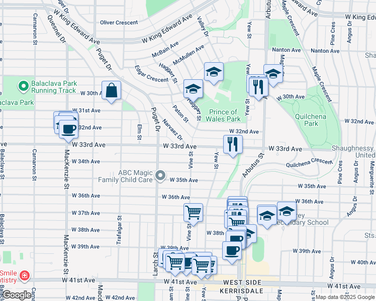 map of restaurants, bars, coffee shops, grocery stores, and more near 2302 West 33rd Avenue in Vancouver