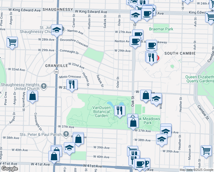 map of restaurants, bars, coffee shops, grocery stores, and more near 1177 West 33rd Avenue in Vancouver