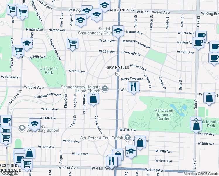 map of restaurants, bars, coffee shops, grocery stores, and more near 1529 West 33rd Avenue in Vancouver