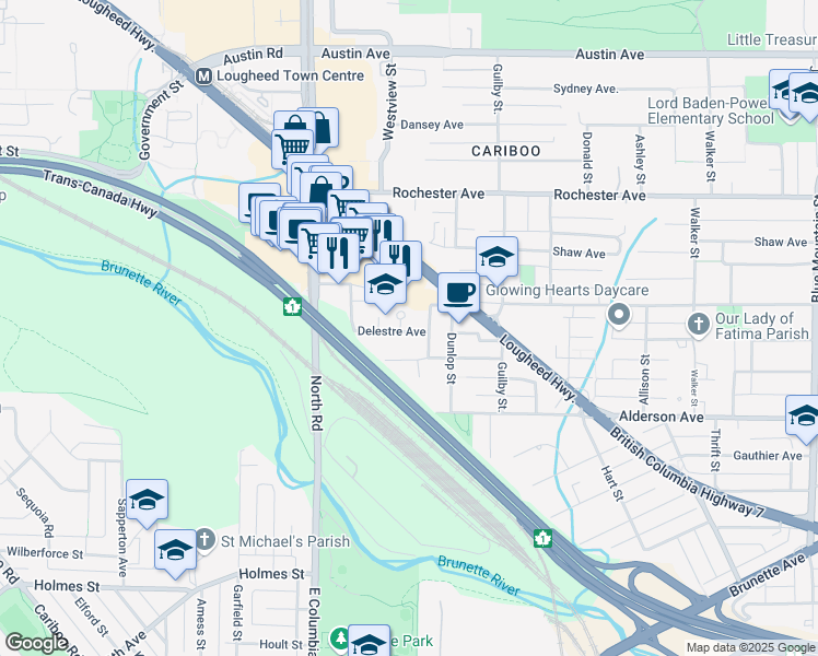 map of restaurants, bars, coffee shops, grocery stores, and more near in Coquitlam
