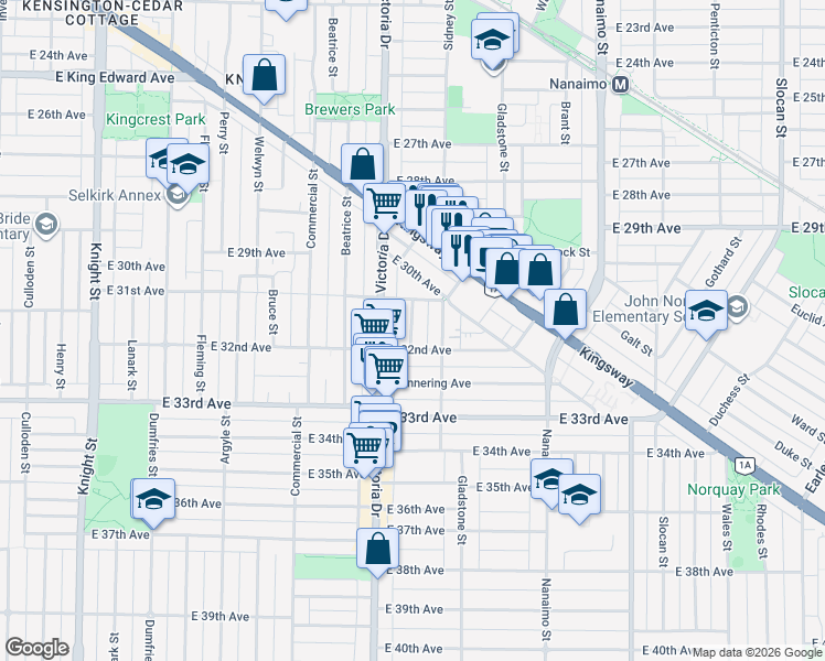 map of restaurants, bars, coffee shops, grocery stores, and more near in Vancouver