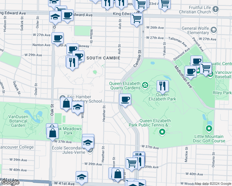 map of restaurants, bars, coffee shops, grocery stores, and more near in Vancouver