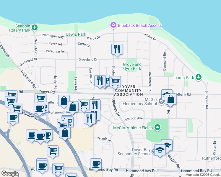map of restaurants, bars, coffee shops, grocery stores, and more near 6211 Blueback Road in Nanaimo