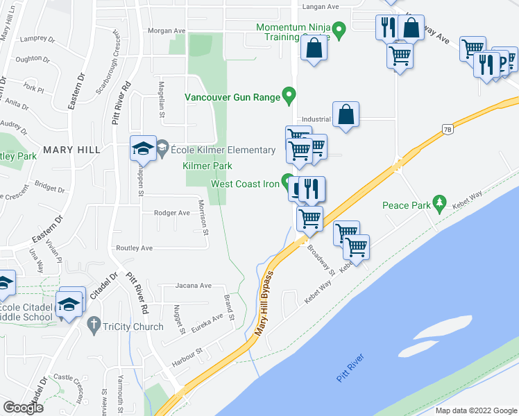 map of restaurants, bars, coffee shops, grocery stores, and more near 1525 Broadway Street in Port Coquitlam