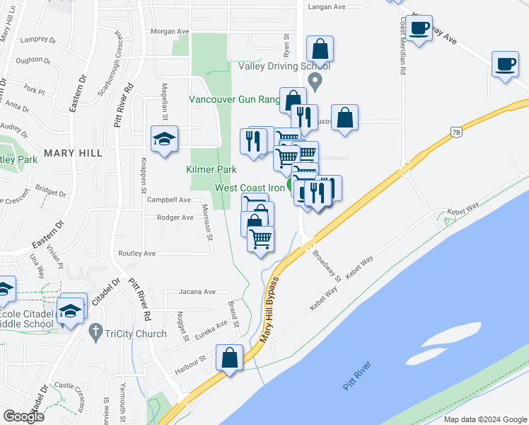 map of restaurants, bars, coffee shops, grocery stores, and more near 1525 Broadway Street in Port Coquitlam