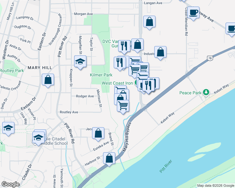 map of restaurants, bars, coffee shops, grocery stores, and more near 1525 Broadway Street in Port Coquitlam